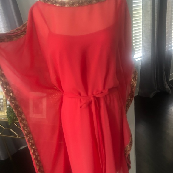 Chic Coral Sheer Dress with Gold Accents - Picture 2 of 4